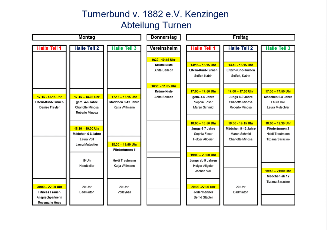 Trainingszeiten Turnerbund Kenzingen